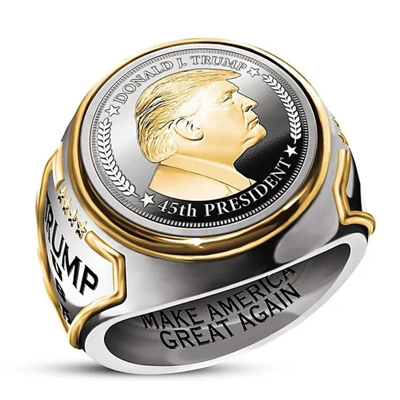 Exquisite 925 Sterling Silver Plated Mens Fashion Ring Two Tone 18K Gold Plated"Make America Great Again" USA President Statue Commemorative Coin Rings General Election Trump Supporters Jewelry Successfully Elected Souvenir Gift Size 6 - 13