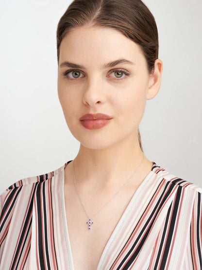 Lab Grown Diamond and Created Sapphire Necklace in Sterling Silver, Adult Female