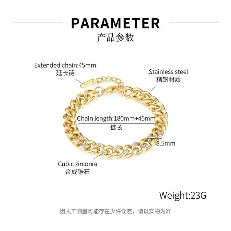 8.5Mm Wide Adjustable Curb Link Chain Bracelet Inlay Delicate Cubic Zirconia CZ Stone for Women Girls Titanium Steel Chunky Cuban Curb Chain Bracelets Bangle Lady Jewelry Silver / Gold