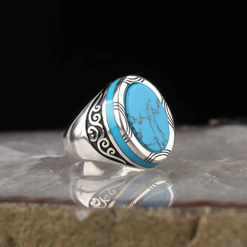 Luxury Business Men Fashion 925 Sterling Silver Ring Natural Gem Turquoise Ring Anniversary Birthday Gift European and American Gentleman Party Ring High-Grade Jewelry