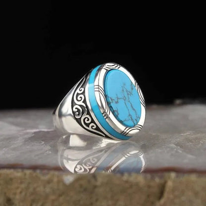 Luxury Business Men Fashion 925 Sterling Silver Ring Natural Gem Turquoise Ring Anniversary Birthday Gift European and American Gentleman Party Ring High-Grade Jewelry