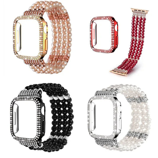 Diamond Case + Pearl Strap for apple watch strap 40mm 44mm 41mm 45mm 38mm 42mm 40mm iWatch series 3 4 5 6 se 7 strap