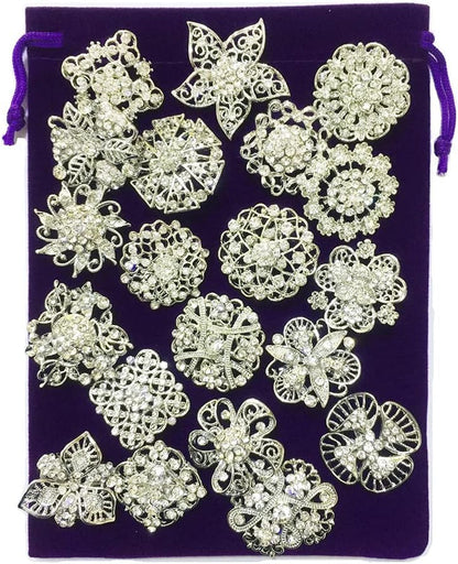 Lot 24Pc Shining Rhinestone Crystal Brooches Pins DIY Wedding Bouquet Kit