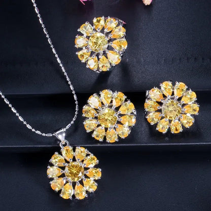 Gloriya Shining Purple Stone Sun Flower Pendant Necklace Earrings Ring Set For Women Newest Silver Color Jewelry