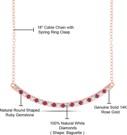 1/8Cttw Baguette and round Gemstone Necklace for Women, Diamond and Gemstone Bar Necklace in 14K Yellow, Rose or White Gold, Women'S Curved Line Necklace in Choice of Four Natural Gemstones, 18" Chain