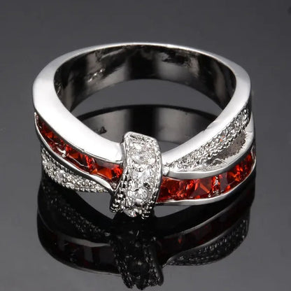 3mm Square Red Garnet and 2mm Round CZ 925 Sterling Silver Engagement Bridal Ring