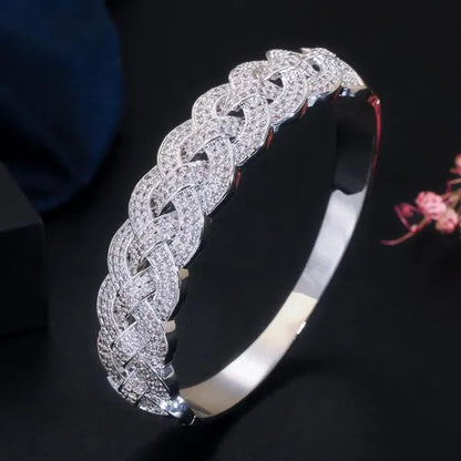 Gloriya Dubai Fashion Women Jewelry Full Micro Pave Tiny Bling AAA Cubic Zirconia Gold Rose Silver Plated Open Cuff Bangle Tennis Bracelet for Prom Party