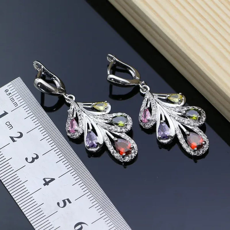 925 Silver Bridal Jewelry Sets Multicolor Topaz Charm for Women Party Plant Design Ring Bracelet Set