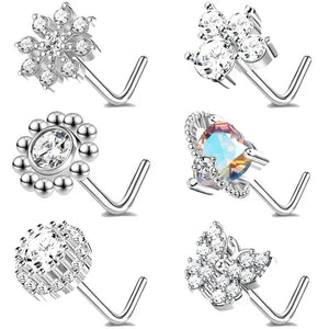 5/6Pcs 20G Nose Rings Stud L Shape Nose Rings Cubic Zirconia Butterfly Flower Eye Moon Heart Shape Nose Studs Piercing Jewelry for Women Men