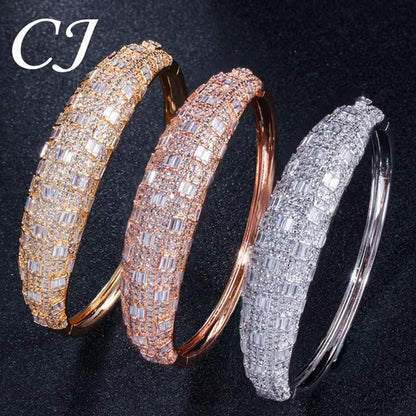 CANDICE Exclusive Design Rose Gold Plated Dubai Wedding Wide Bangle Ring Set Full Hand-inlaid Cubic Zirconia African Bridal Open Cuff Bracelet Jewelry Sets for Women Prom Party