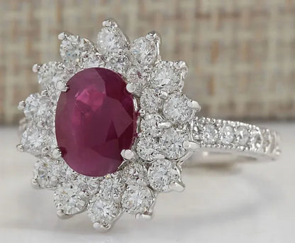Noble Brand Jewelry Natural 5.86CT Red Ruby Gemstone 925 Sterling Silver Ring