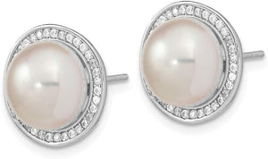 925 Sterling Silver 10 11Mm Button Freshwater Cultured Pearl Cubic Zirconia CZ Stud Earrings
