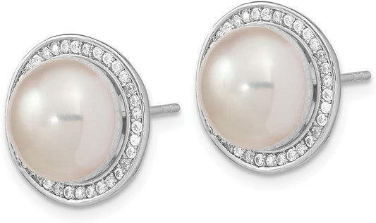 925 Sterling Silver 10 11Mm Button Freshwater Cultured Pearl Cubic Zirconia CZ Stud Earrings
