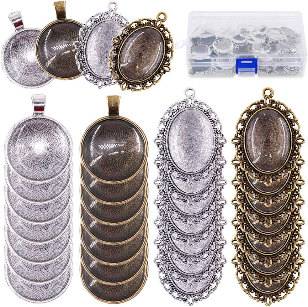 64-Pieces Pendant Set, 16Pcs Oval Pendant Trays and 16Pcs round Bezels with 32Pcs Glass Cabochon round Clear Dome Tiles for Crafting DIY Jewelry Making