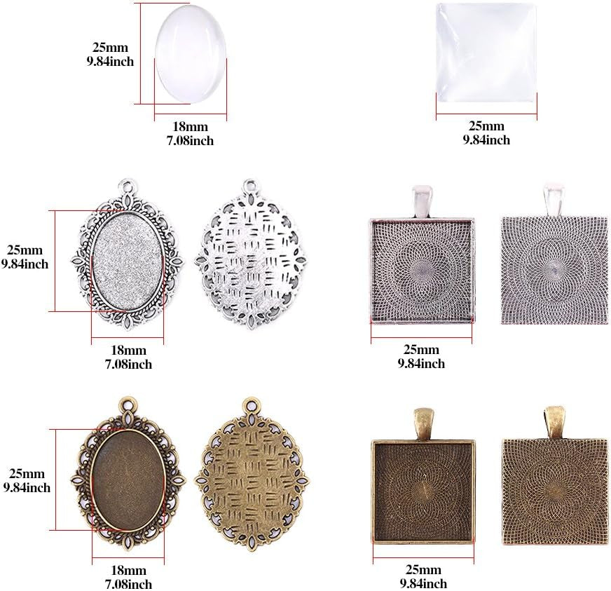 48-Pieces Oval and Square Pendant Trays with Glass Cabochon Dome Tiles Clear Cameo for Crafting DIY Jewelry Making, 24 Sets