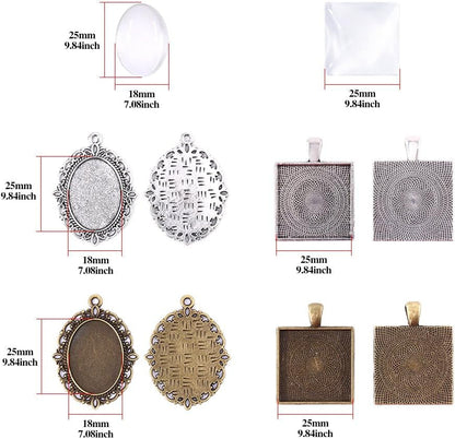 48-Pieces Oval and Square Pendant Trays with Glass Cabochon Dome Tiles Clear Cameo for Crafting DIY Jewelry Making, 24 Sets