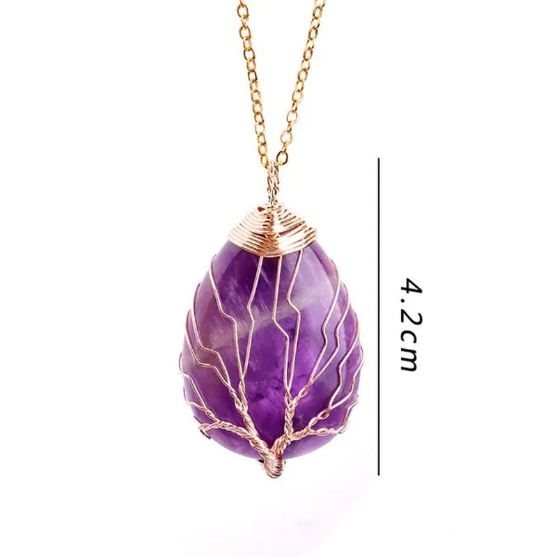 Vintage Natural Gemtone Crystal Amethyst Rose Quartz Tiger Eye Stone Water Drop Tree of Life Pendant Necklace for Women Men Jewelry