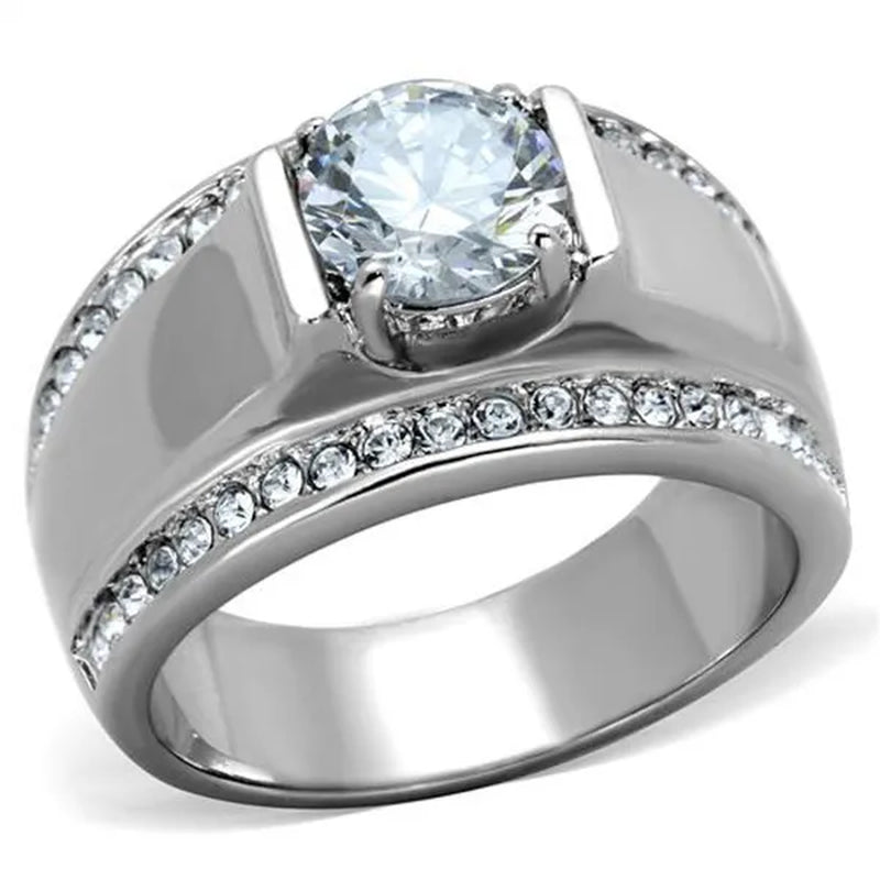 Men'S 2.25 Ct round Cut Simulated Diamond Silver Stainless Steel Ring Sizes 8-13