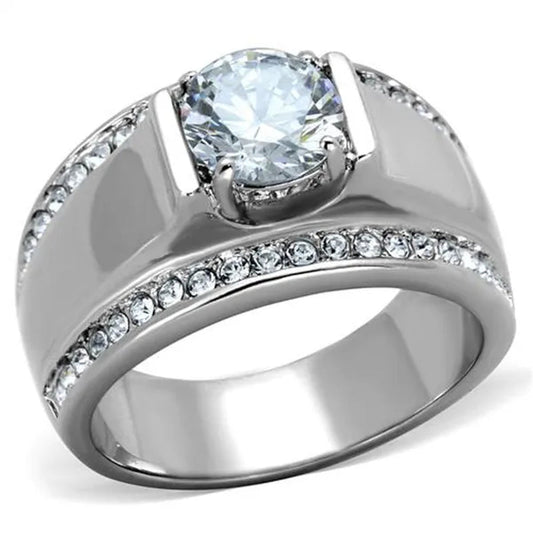 Men'S 2.25 Ct round Cut Simulated Diamond Silver Stainless Steel Ring Sizes 8-13