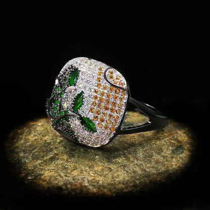 New Unique Black Gold Women's Ring Color Full Zircon Ring Jewelry 925 Silver Women's Ring Exaggerated Plant Ring
