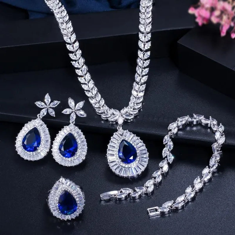 CANDICE Luxurious CZ Wedding 4 Pcs Set for Bridal Sparkling Water Drop Blue Zirconia White Gold Plated Necklace Earrings Bracelet Ring Sets