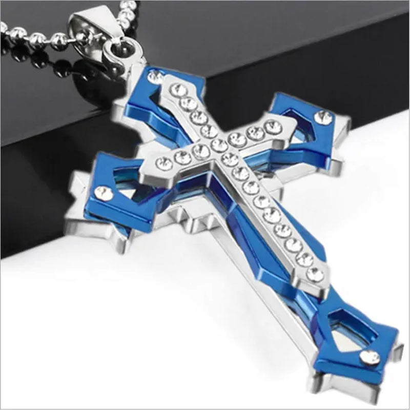 Fashion Men's Creative Diamond Cross Necklace Double Pattern Jesus Cross Pendant Hip Hop Necklaces for Men Cross Jewelry Religious Belief Amulet Birthday Anniversary Gift
