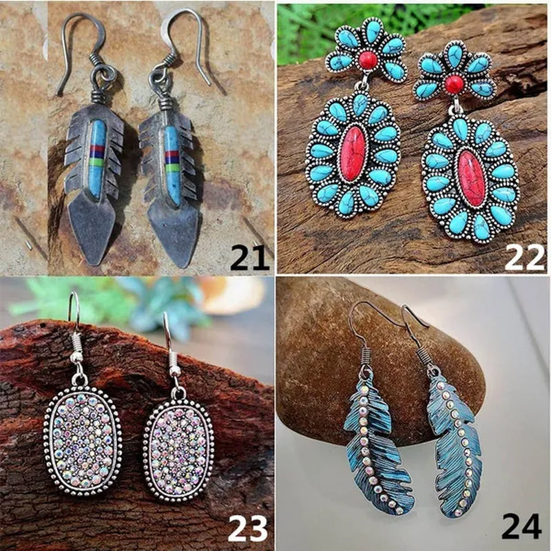 1 Pair Antique 925 Sterling Silver Pendant Earrings Natural Gemstone Inlay Dangle Earrings Bridal Engagement Wedding Anniversary Gift Bohemian Style Earrings