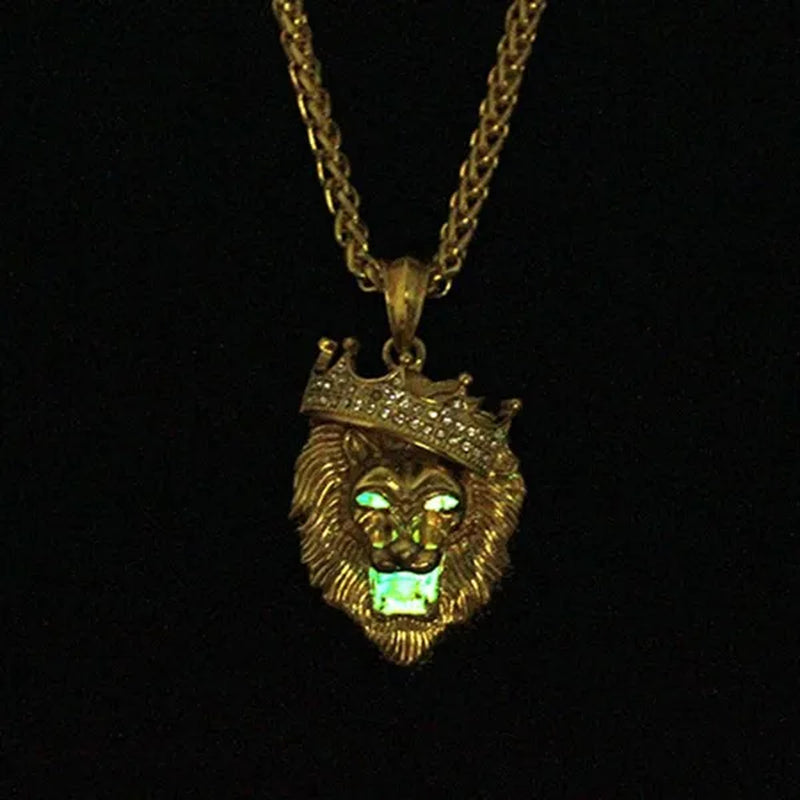 Titanium Steel Diamond Crown Lion Head Necklace Hip Hop Luminous Necklace Men's Gold-plated Punk Party Pendant Necklace