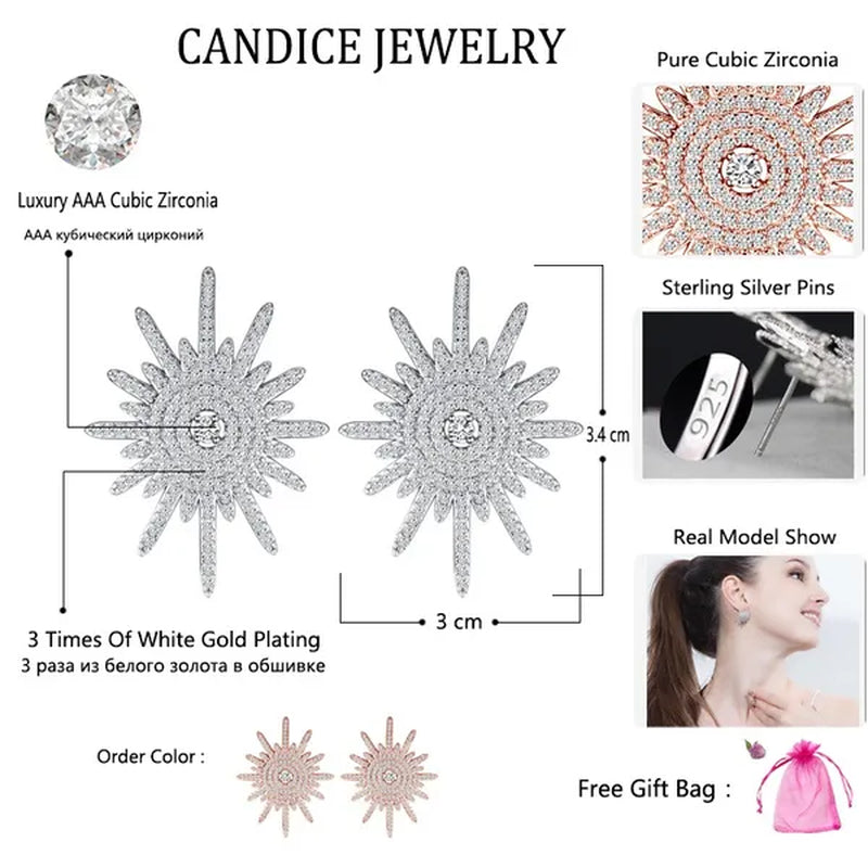 CANDICE 925 Sterling Silver Plating Hypoallergenic Snowflake Cubic Zirconia Stones Big Stud Earrings for Women Girls Wedding Party Jewelry