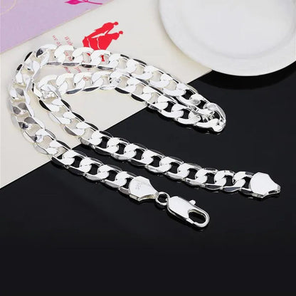 925 Sterling Silver Jewelry Set Flat Sideways Necklace Bracelet Chain for Men and Women-Fashion Wedding Engagement Jewelry-Genuine Sterling Silver
