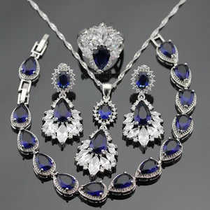 Blue Zircon With White Topaz Crystal Water Drop Shaped Silver Jewelry Sets Necklace Pendant Earring Ring Bracelet For Women