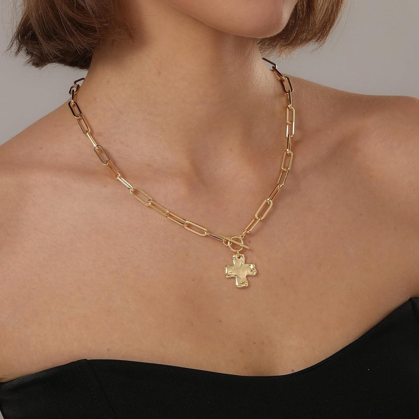 Chunky Cross Necklace for Women Trendy Gold Silver Layered Statement Cross Pendant Charm Necklace Vintage Paperclip Herringbone Snake Choker Chain Costume Jewelry Set Gift Non Tarnish