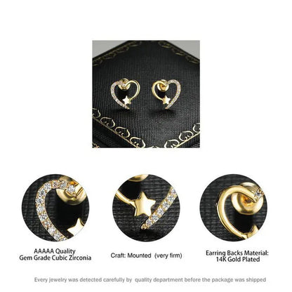 Gold Love Heart Star White Sapphire Diamond Stud Earrings for Women Wedding Engagement Bride Jewelry Gift