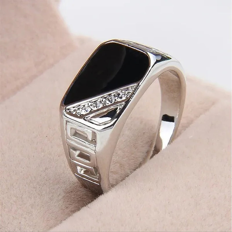 Classic Men's Punk Black Square Fashion Men's Ring Surface Classic Pattern Fashion Silver Plated Ring Size 6-12