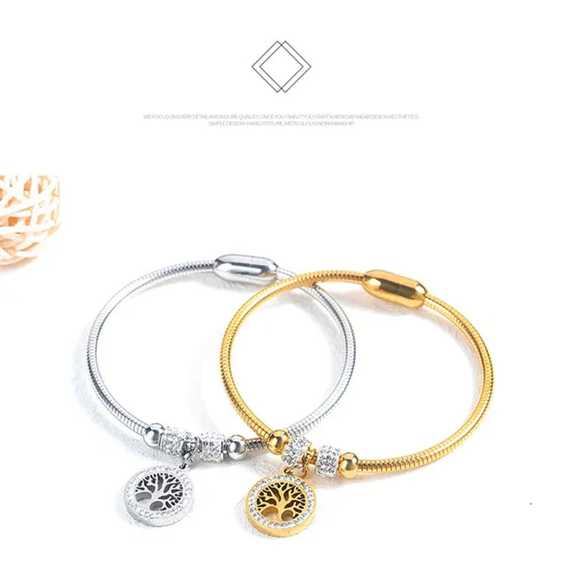 Gold Plated  Tree of Life Bangle Bracelet Women Stainless Steel Family Tree Charm Bracelets with AAA Rhinestones & Magnetic Buckle