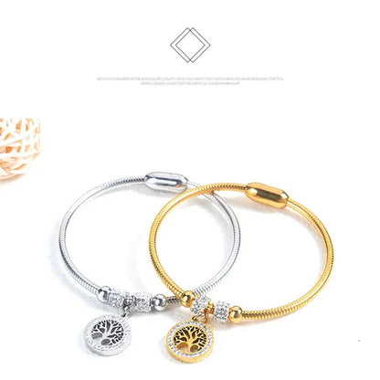 Gold Plated Tree of Life Bangle Bracelet Women Stainless Steel Family Tree Charm Bracelets with AAA Rhinestones & Magnetic Buckle