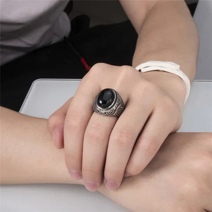 Men's Women's Natural Oval Black Onyx Gem Silver Gold Stainless Steel Ring Gift Jewelry Plus Size 8-15