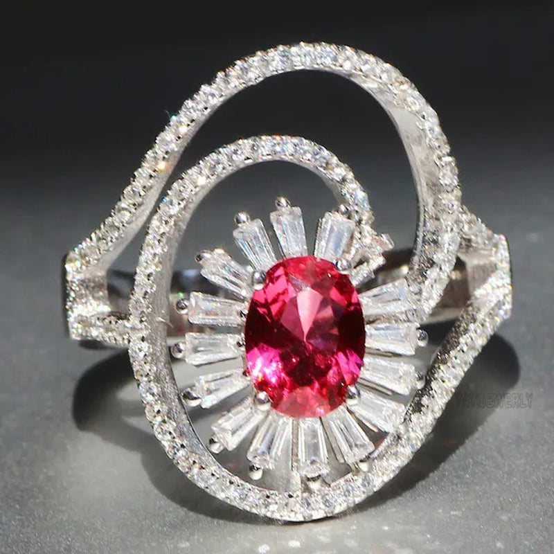 Gorgeous  Silver Natural Gemstones Ruby Wedding Birthstone Bride Engagement Multilevel Oval Leaf Ring Jewelry Size 6 7 8 9 10