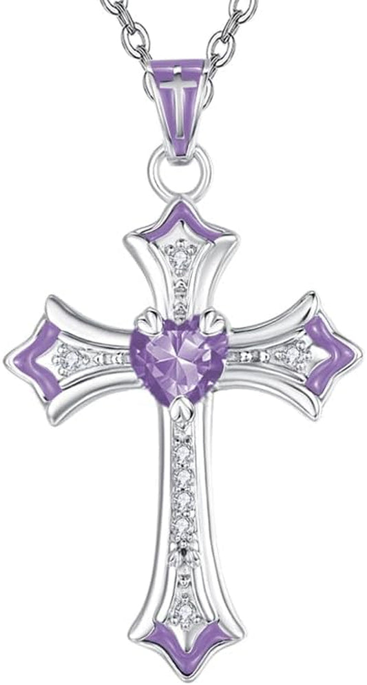 Cross Necklace for Women 18K White Gold Plated Heart CZ Birthstone Cross Faith Pendant Necklaces Religious Christian Jewelry Anniversary Birthday Mother'S Day Gifts for Women