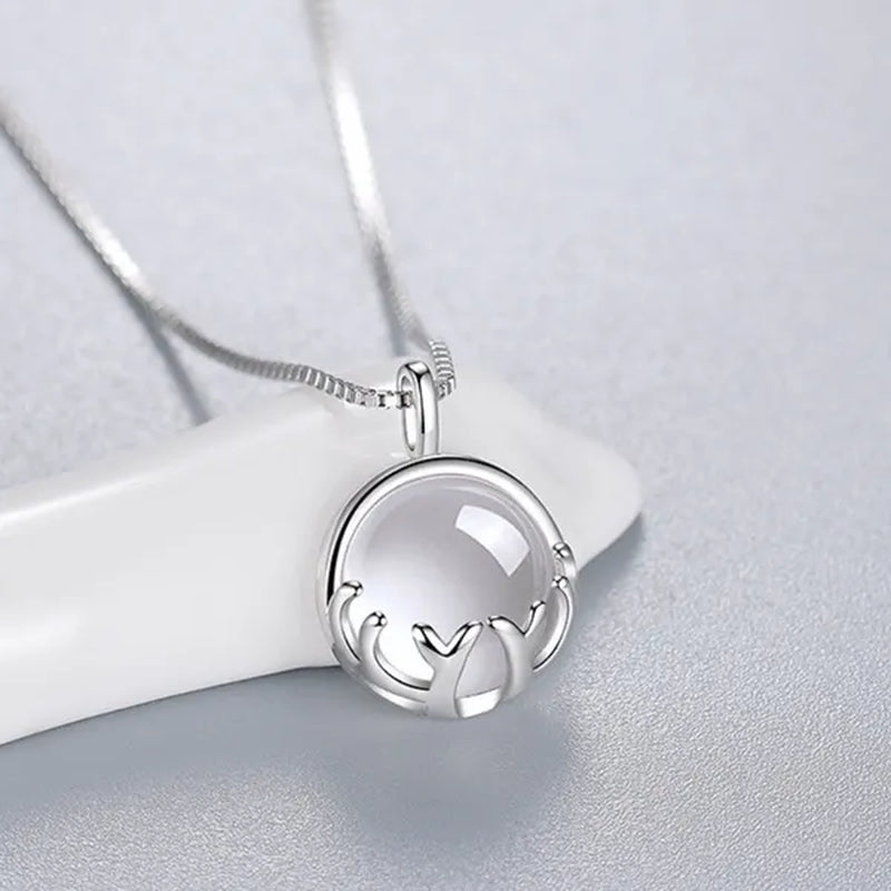 Fine Silver Color  Antlers Shape Bezel Setting Round Cut Moonstone Pendant Necklace for Women Romantic Wedding Jewelry Gift