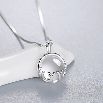 Fine Silver Color  Antlers Shape Bezel Setting Round Cut Moonstone Pendant Necklace for Women Romantic Wedding Jewelry Gift
