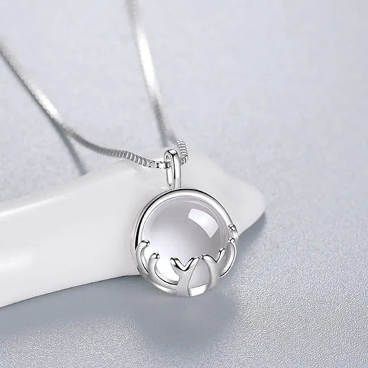 Fine Silver Color Antlers Shape Bezel Setting round Cut Moonstone Pendant Necklace for Women Romantic Wedding Jewelry Gift