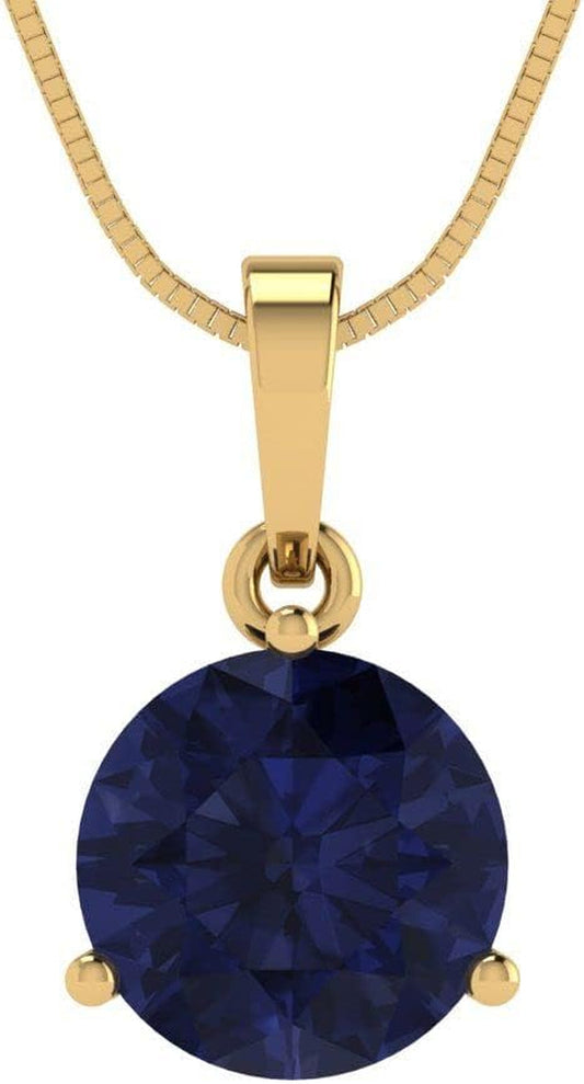 2.0 Ct round Cut Genuine Simulated Blue Sapphire Martini Style Solitaire Pendant with 18" Gold Chain Box 18K Yellow Gold