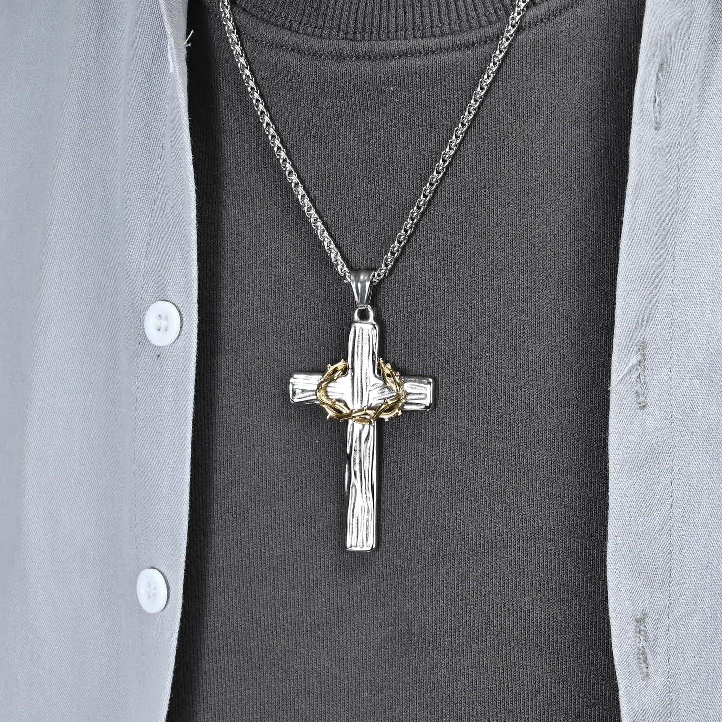 Cross Necklace for Men,Stainless Steel Black Silver Jesus Christ Crucifix Pendant Necklaces Meaningful Religious Jewelry，60Cm Rolo Chain