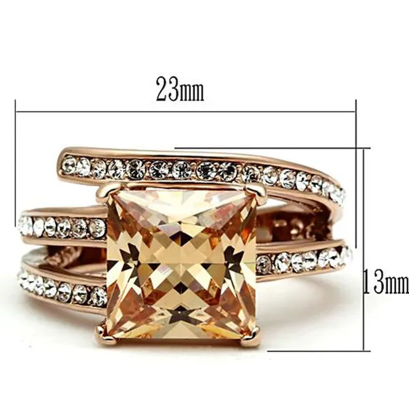Women's Stainless Steel 316 Rose Gold Princess Cut Champagne or Gray & Amethyst Zirconia Cocktail Ring Size 5-10