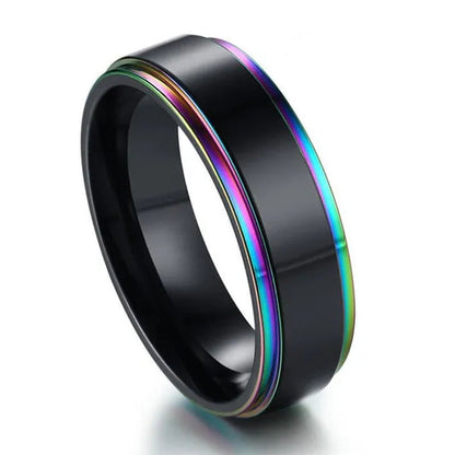 6mm Wide Titanium Steel IP Black Plated Classics Ring With Rainbow Color Multicolor Edge For Gay & Lesbian Pride Jewelry Women Men Wedding Band