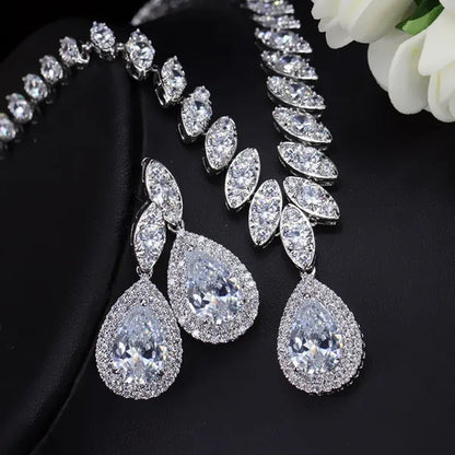 CANDICE Wedding Banquet Jewelry Sets for Brides Waterdrop Earrings Necklace Set Pear Cut Blue Zirconia Silver Plated