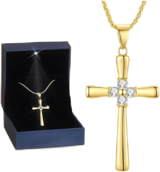Gold Moissanite Cross Necklace for Women Wife in Light-Up Gift Box,Love Card - Women Anniversary Birthday Gifts Ideas for Wife Her Girlfriend, Christian Cross Chain Jewelry 1CT (18K Real Gold Filled)