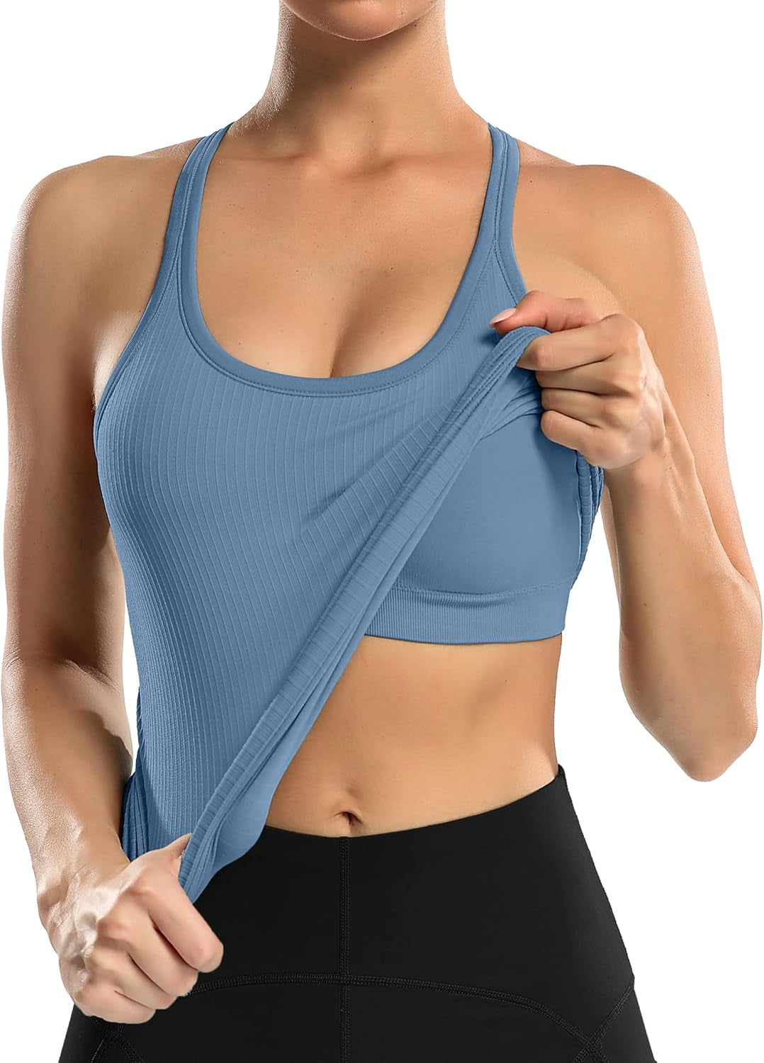 Ribbed Workout Tank Tops for Women with Built in Bra Tight Racerback Scoop Neck Athletic Top
