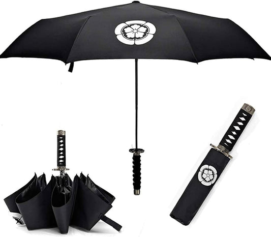Samurai Katana Master Sword Hilt Handle Folding Umbrella Anime Portable Travel Japanese Ninja Compact Umbrellas Windproof, Black Glue anti UV, Business Birthday Gift for Men